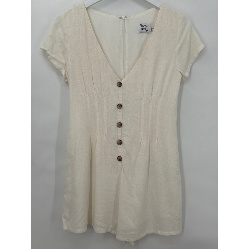 Princess Polly Cream Linen Blend Button Front Romper V-Neck Short Sleeve Size 2